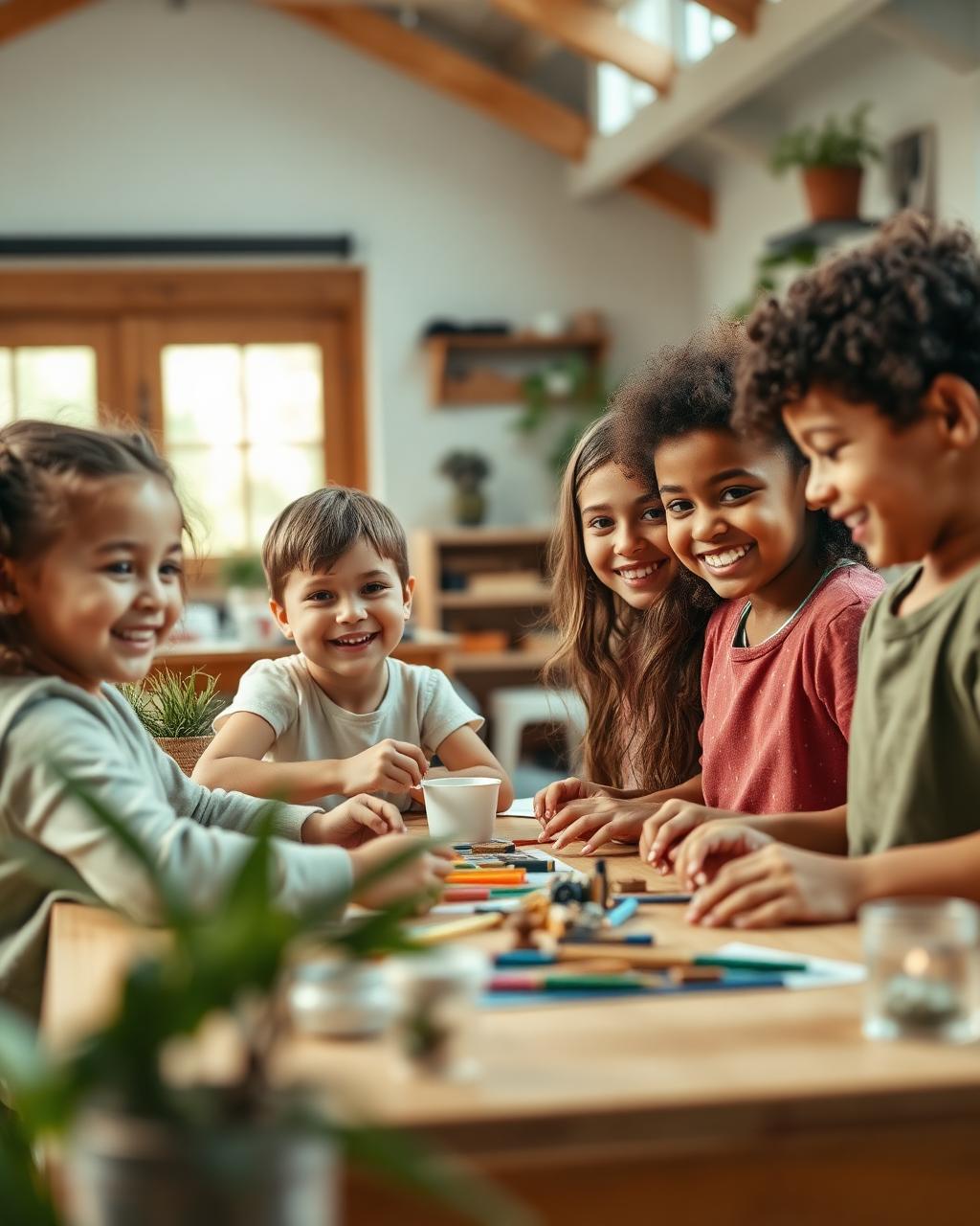 Niñas y niños felices haciendo una actividad creativa en Casa Taller